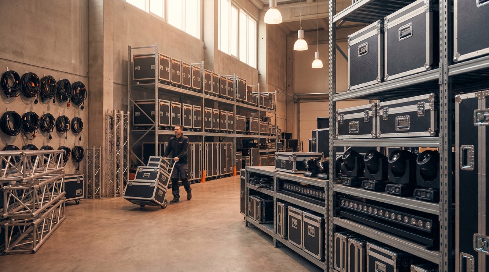 Lagerist bewegt Flightcases im Lager eines Veranstaltungstechnik-Verleihs