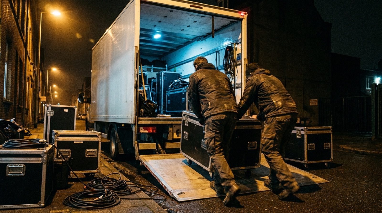 Crew belädt nachts einen LKW mit Flightcases