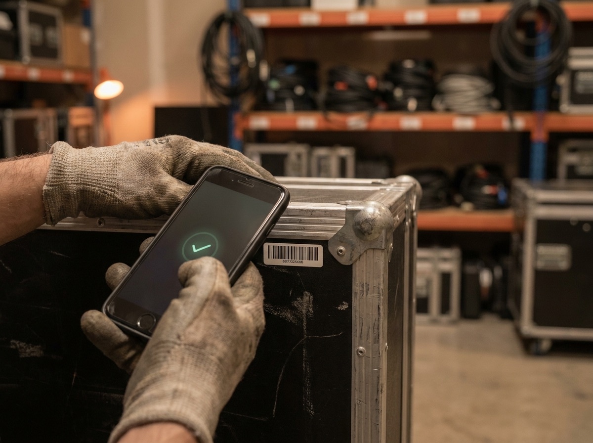 Barcode-Etikett auf einem Flightcase wird mit dem Smartphone gescannt