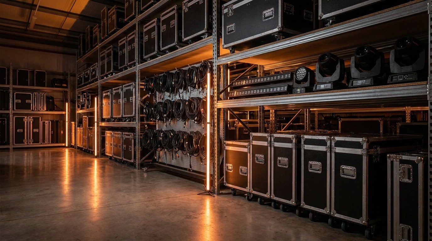 Aufgeräumtes Lager eines Veranstaltungstechnik-Verleihs mit Flightcases und Scheinwerfern